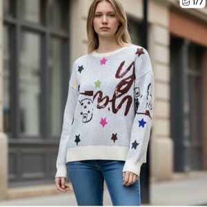 NEW Blue b Taupe Y'All Brown Cowboy Boot Tinsel Fringe Multicolor Star Sweater